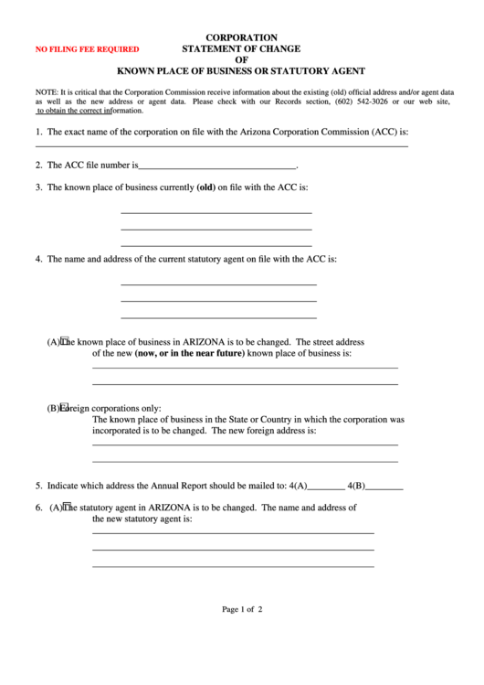 Form Ar: 0009 - Corporation Statement Of Change Of Known Place Of Business Or Statutory Agent Printable pdf