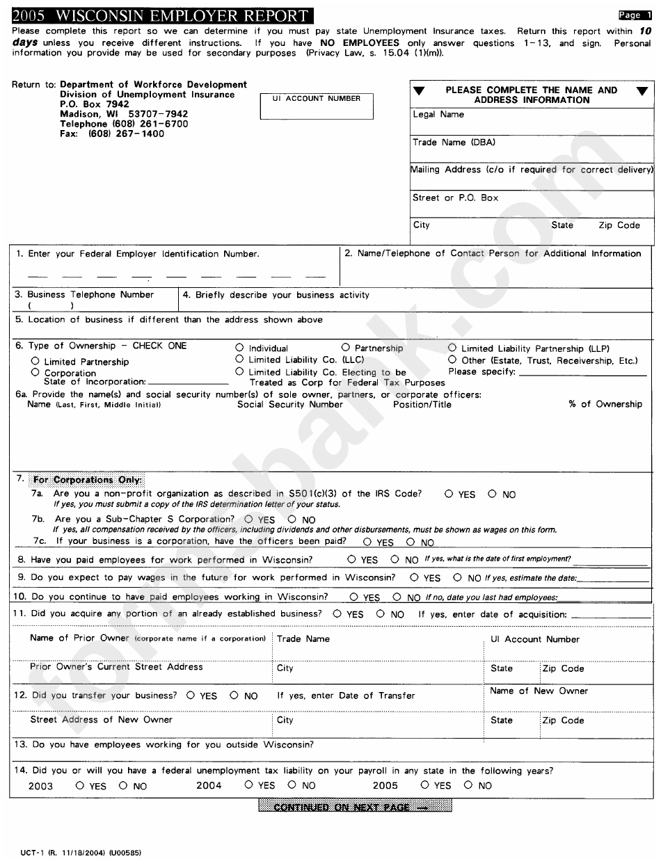 Form Uct-1 - Wisconsin Employer Report - 2005