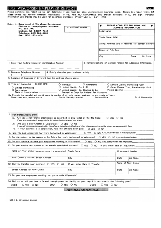 Form Uct-1 - Wisconsin Employer Report - 2005 Printable pdf