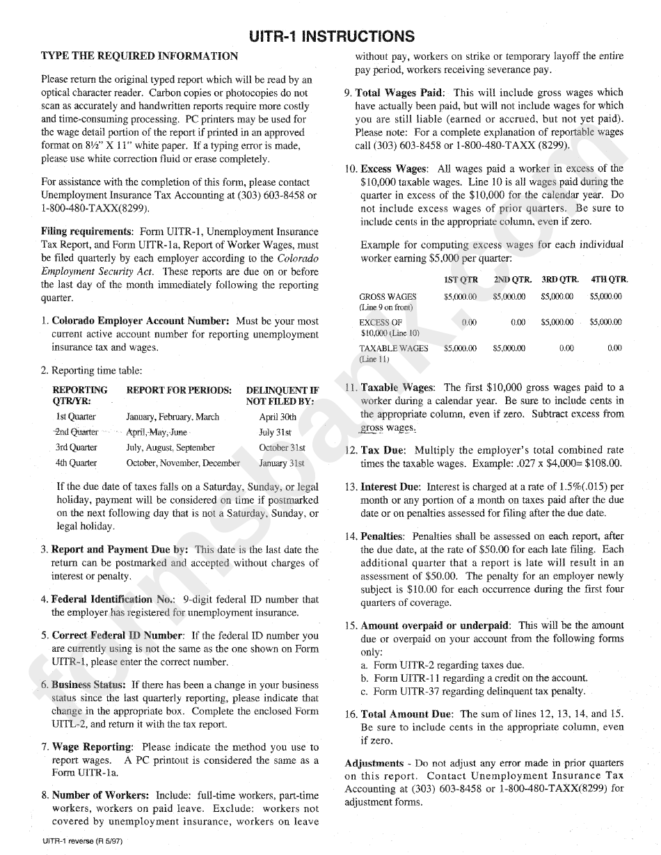Instructions For Form Uitr-1 - Colorado Department Of Labor And Employment