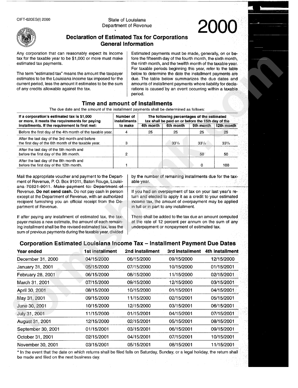 Form Cift-620es(I) - Worksheet For Estimating Corporation Income Tax - 2000