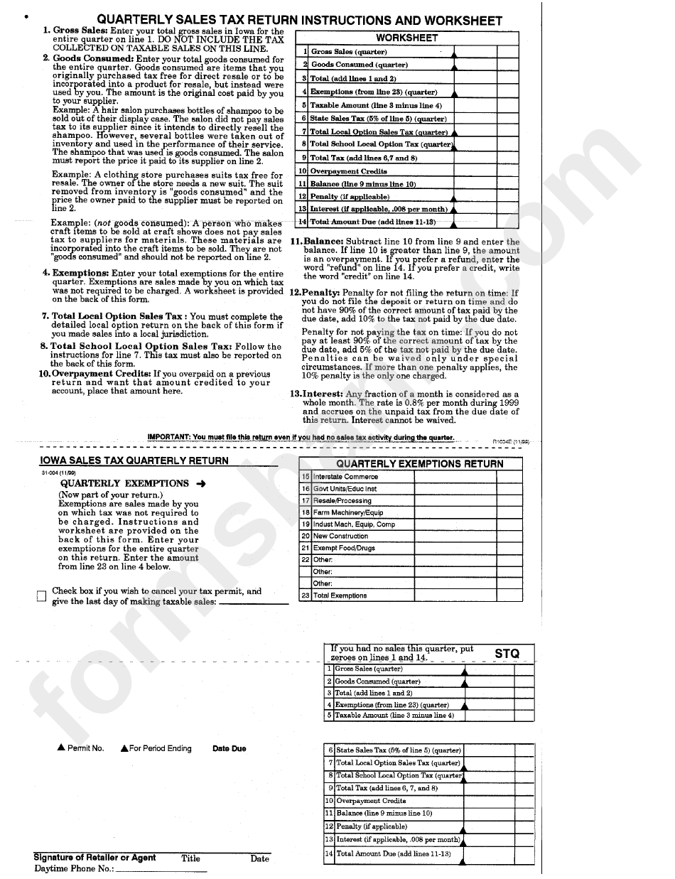 Quarterly Sales Tax Return Instructions And Worksheet - Iowa Department Of Revenue And Finance