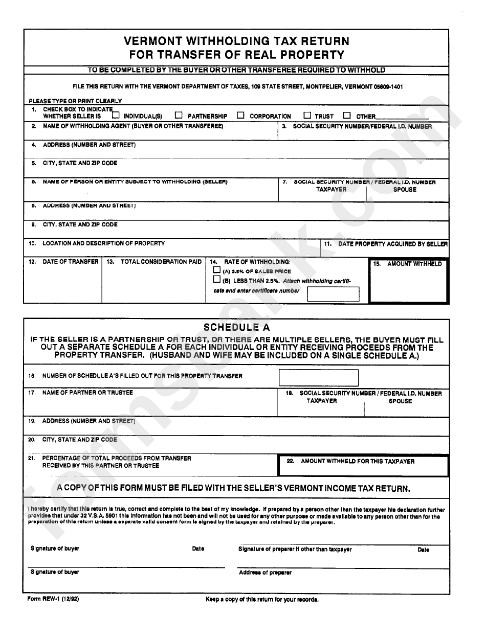 Form Rew-1 - Vermont Withholding Tax Return For Transfer Of Real Property