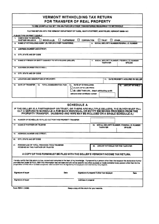Form Rew-1 - Vermont Withholding Tax Return For Transfer Of Real Property Printable pdf