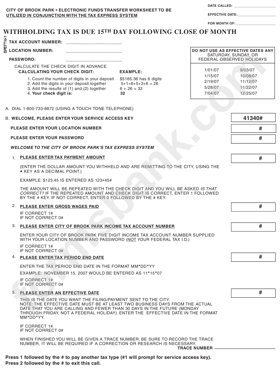 Form Bpeftw-1 - City Of Brook Park Electronic Funds Transfer Worksheet To Be Utilized In Conjunction With The Tax Express System