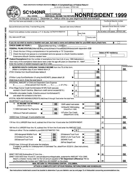 Form Sc1040nr - Individual Income Tax Return Non Resident - 1999 Printable pdf