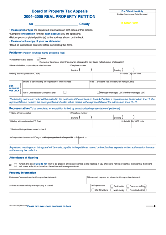 Fillable Form 150-310-063 - Real Property Petition - 2004-2005 Printable pdf