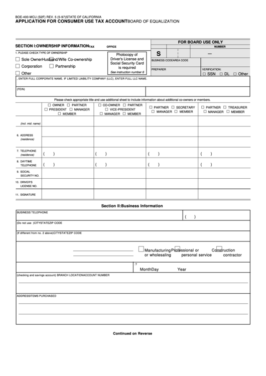 Fillable Form Boe-400-Mcu - Application For Consumer Use Tax Account - 1997 Printable pdf