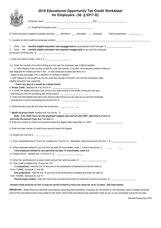 Educational Opportunity Tax Credit Worksheet For Employers - Maine Department Of Revenue - 2016 Printable pdf