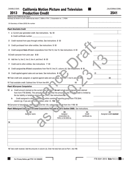 Form 3541 Draft - California Motion Picture And Television Production Credit - 2013 Printable pdf