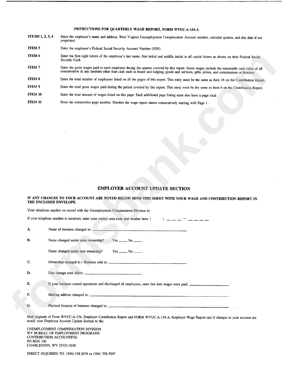 Instructions For Quarterly Contribution Report, Form Wvuc-A-154
