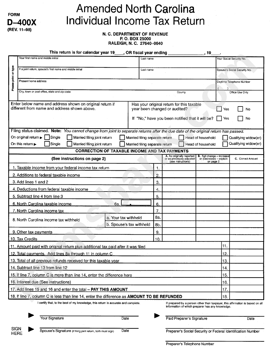 Fillable Form D400x Amended North Carolina Individual Tax