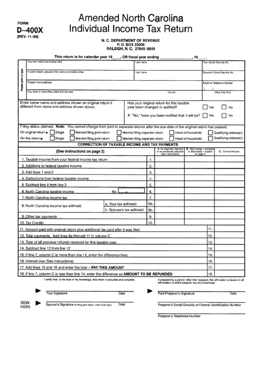 Fillable Form D 40x Amended Individual Tax Return Printable Pdf