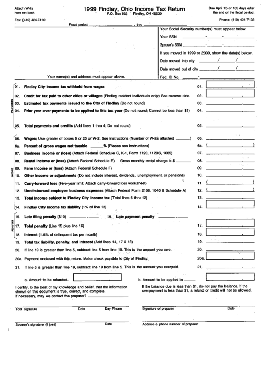 1999 Findlay, Ohio Income Tax Return printable pdf download