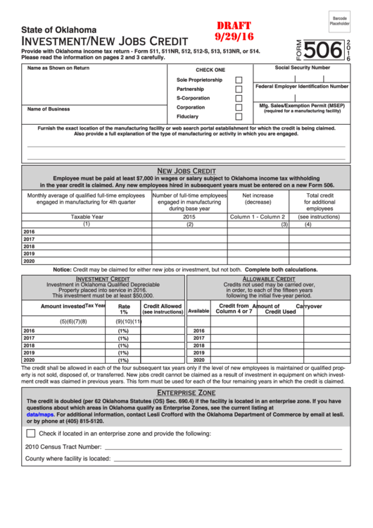 Form 506 Draft - Investment/new Jobs Credit - 2016 Printable pdf