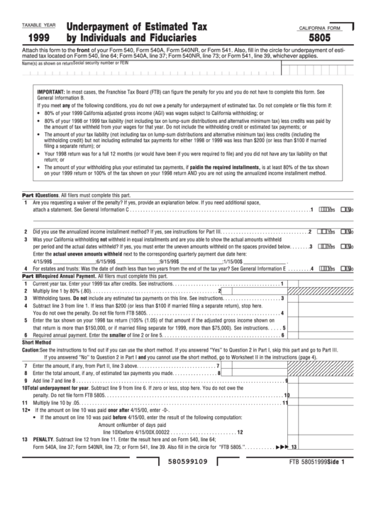 California Form 5805 - Underpayment Of Estimated Tax By Individuals And Fiduciaries - 1999 Printable pdf