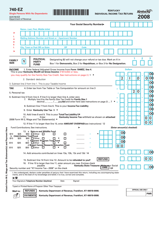 Form 740 Ez Kentucky Individual Income Tax Return 2008 Printable