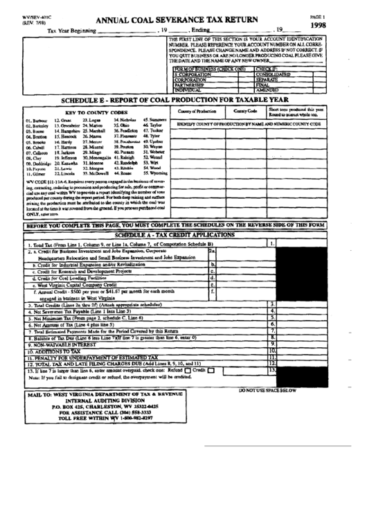 Fillable Form Wv/sev-401c - Annual Coal Severance Tax Return - 1998 Printable pdf