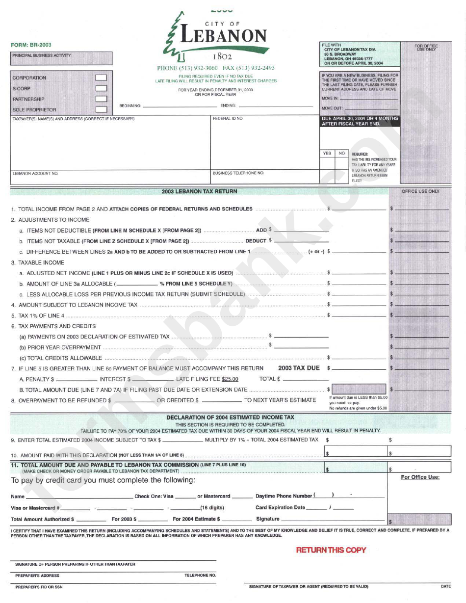 Form Br-2003 - Lebanon Tax Return - 2003