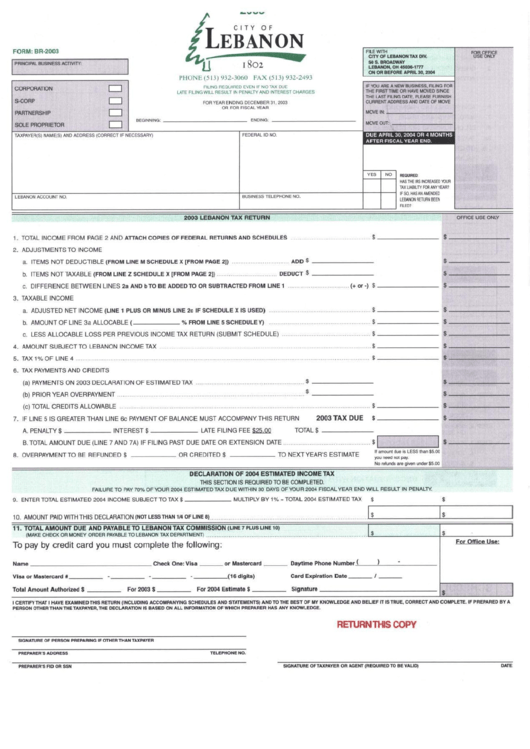 Form Br-2003 - Lebanon Tax Return - 2003 Printable pdf