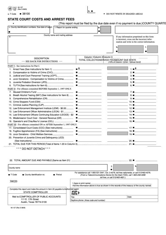 Fillable Form 40-127 - State Court Costs And Arrest Fees Printable pdf