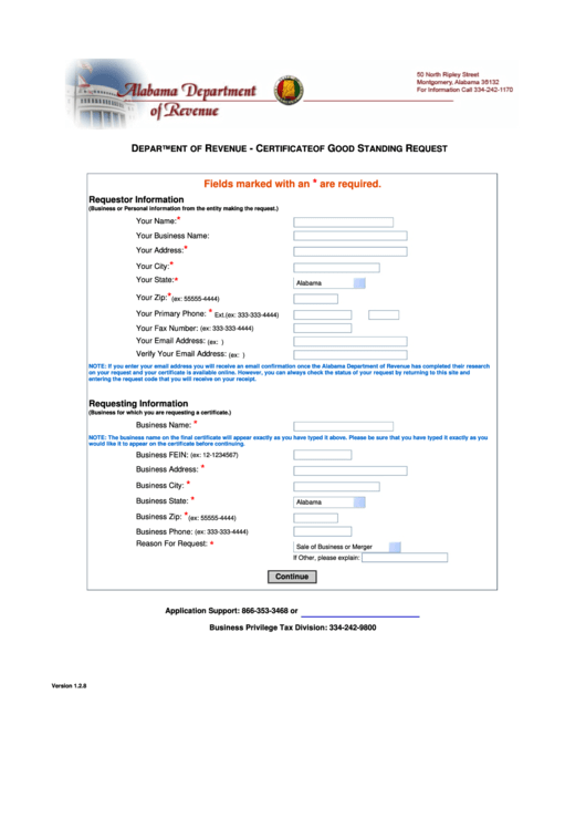 Certificate Of Good Standing Request - Alabama Department Of Revenue Printable pdf