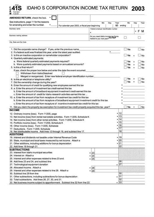 Fillable Form 41s - Idaho S Corporation Income Tax Return - 2003 Printable pdf