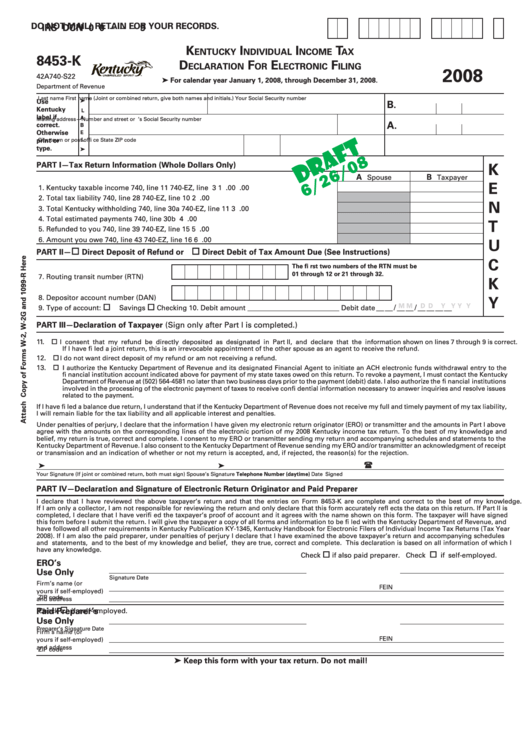 Form 8453-K Draft - Kentucky Individual Income Tax Declaration For Electronic Filing - 2008 Printable pdf