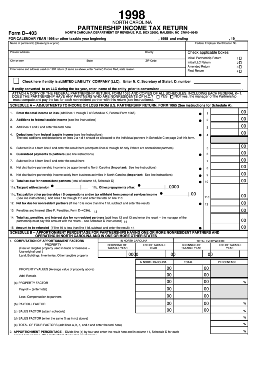 Fillable Form D-403 - Partnership Income Tax Return - 1998 Printable pdf
