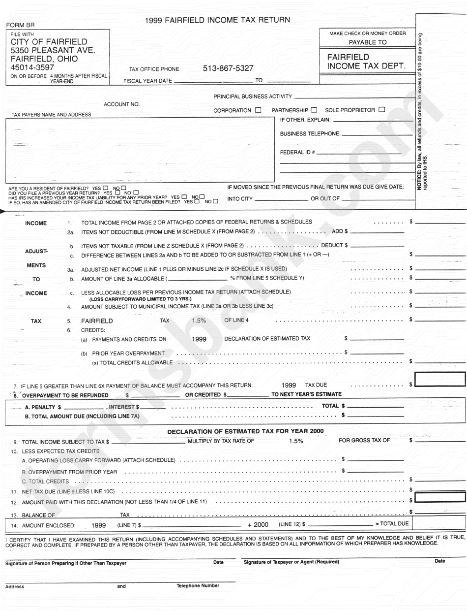 Form Br - Fairfield Income Tax Return - 1999