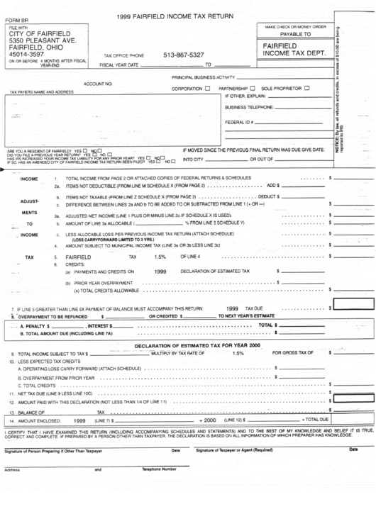 Form Br - Fairfield Income Tax Return - 1999 Printable pdf