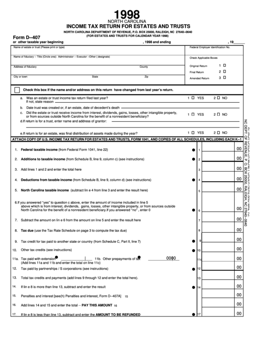 Fillable Form D-407 - Income Tax Return For Estates And Trusts - 1998 Printable pdf