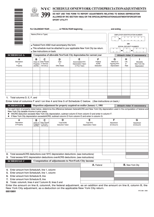 Form 399 - Schedule Of New York City Depreciation Adjustments - 2008 Printable pdf