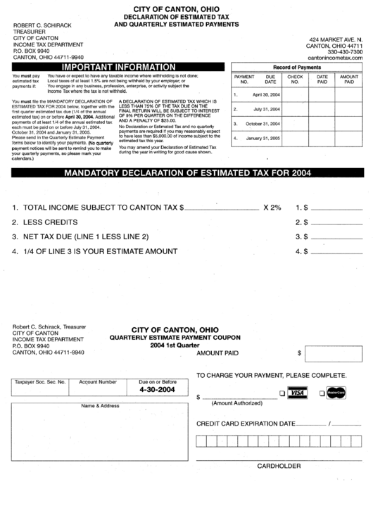 City Of Canton, Ohio Declaration Of Estimated Tax And Quarterly Estimated Payments - 2004 Printable pdf