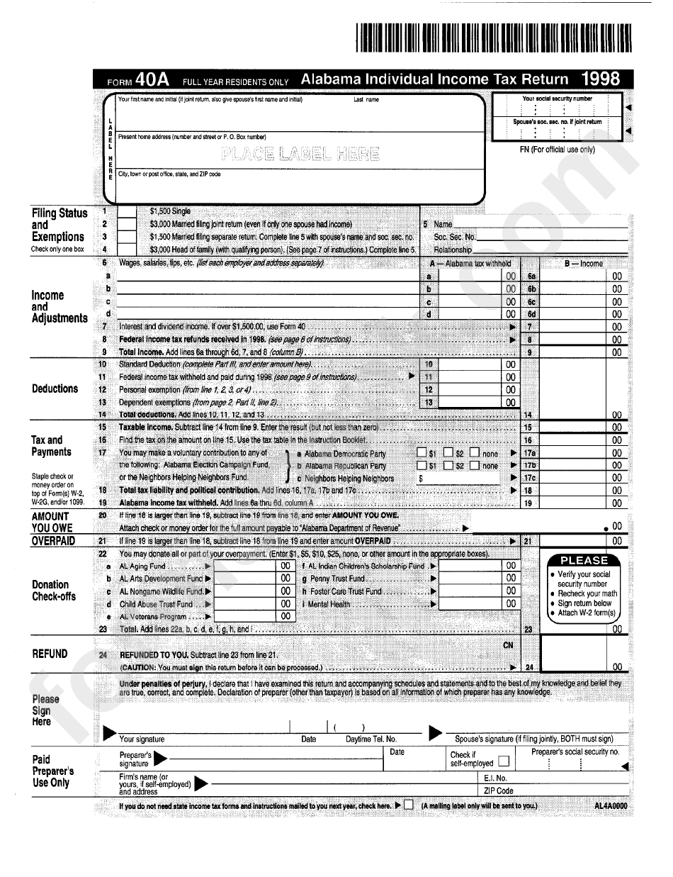 Fillable Form 40a Alabama Individual Income Tax Return 1998 Printable Pdf Download