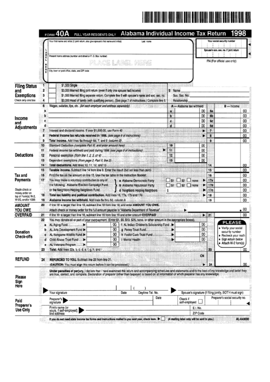 Fillable Form 40a - Alabama Individual Income Tax Return - 1998 Printable pdf