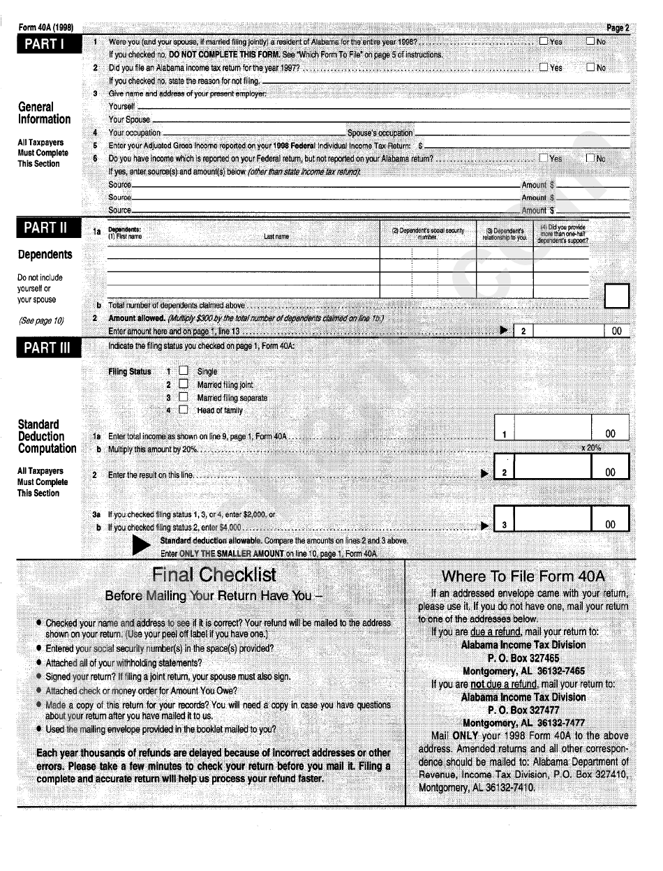 Form 40a - Alabama Individual Income Tax Return - 1998