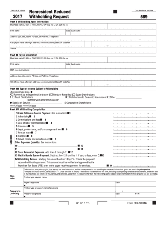 Fillable California Form 589 - Nonresident Reduced Withholding Request - 2017 Printable pdf