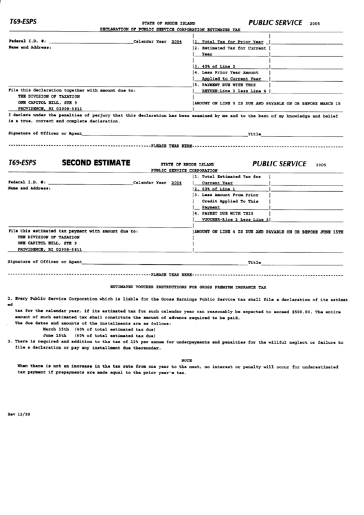 Form T69-Esps - Declaration Of Public Service Corporation Estimated Tax - 2005 Printable pdf