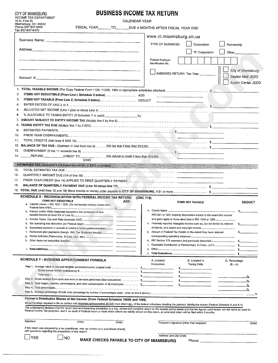 Business Income Tax Return - City Of Miamisburg, Ohio Income Tax Department