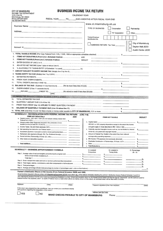 Business Income Tax Return - City Of Miamisburg, Ohio Income Tax Department Printable pdf