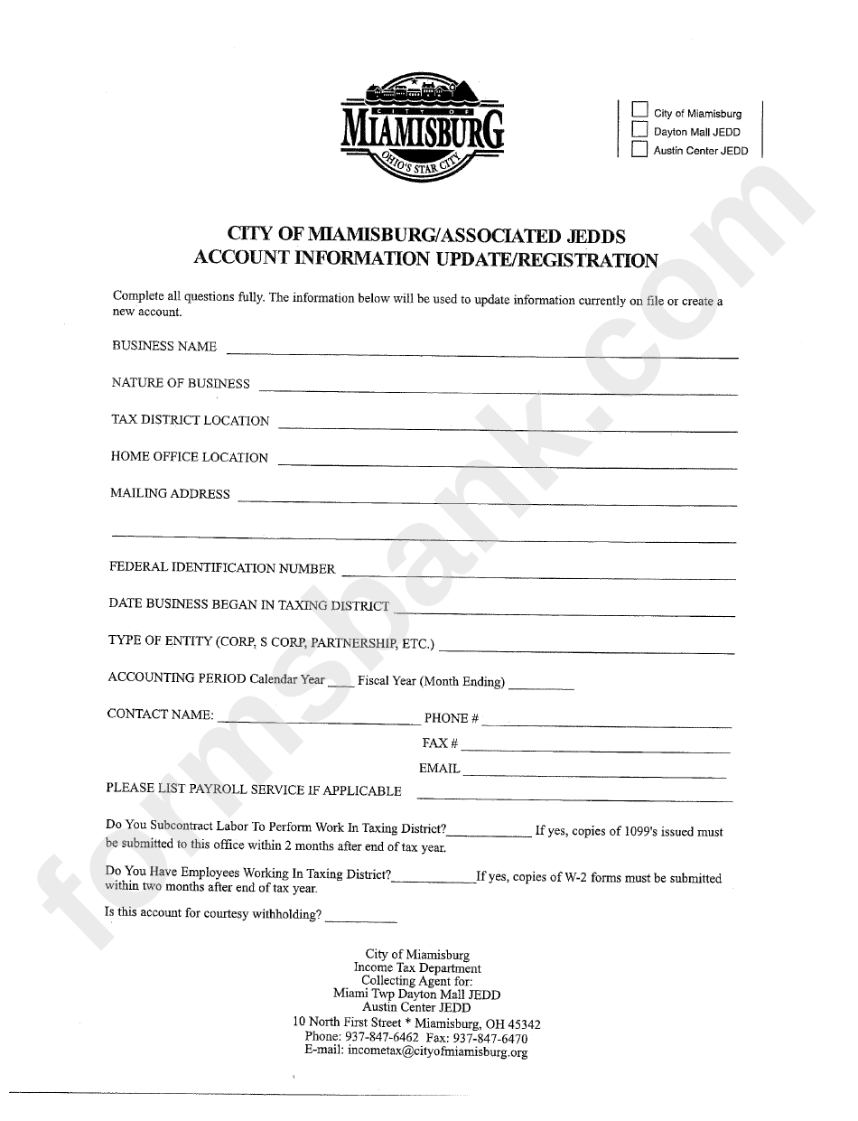 Business Income Tax Return - City Of Miamisburg, Ohio Income Tax Department