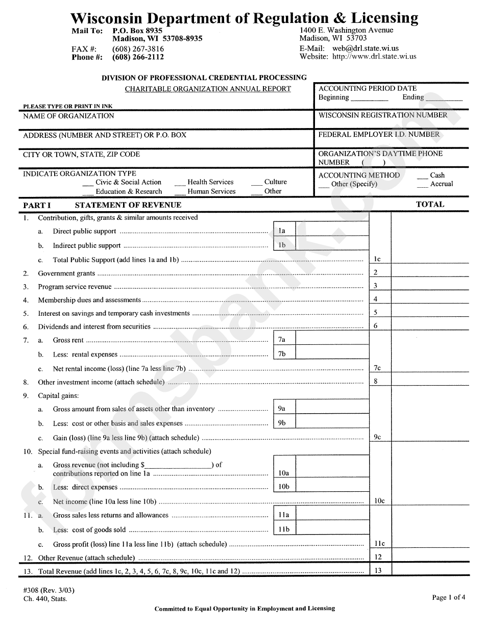 Form #308 - Charitable Organization Annual Report - Wisconsin Department Of Regulation & Licensing