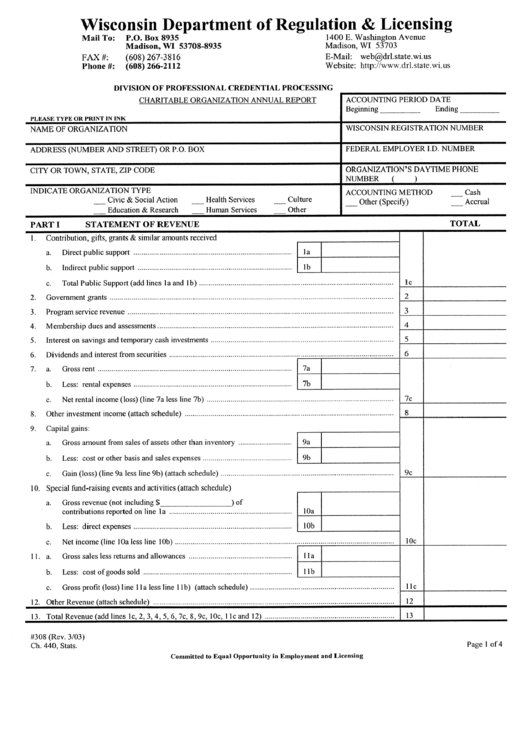 Form #308 - Charitable Organization Annual Report - Wisconsin Department Of Regulation & Licensing Printable pdf