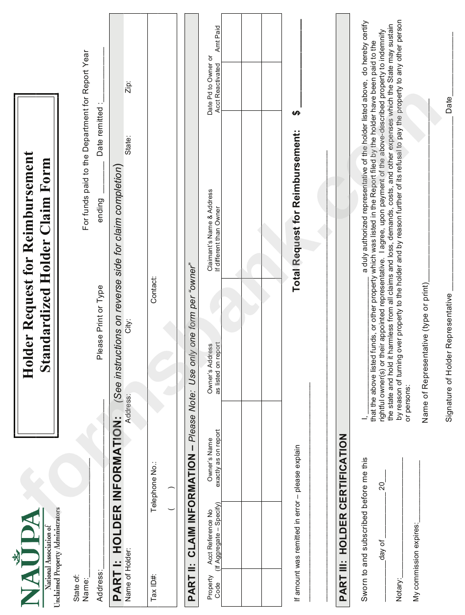 Holder Request For Reimbursement Standardized Holder Claim Form