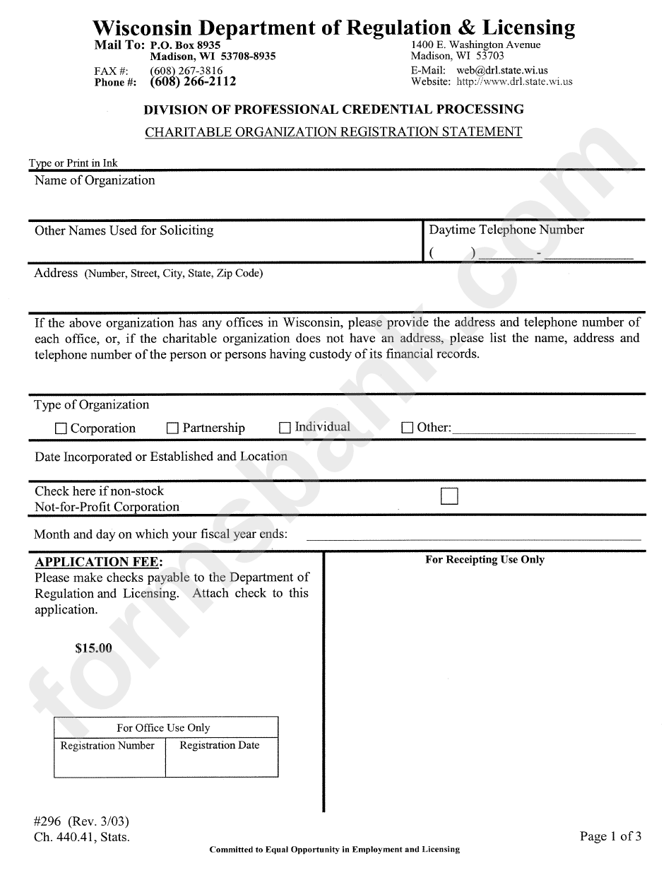 Form #296 - Charitable Organization Registration Statement - Wisconsin Department Of Regulation And Licensing