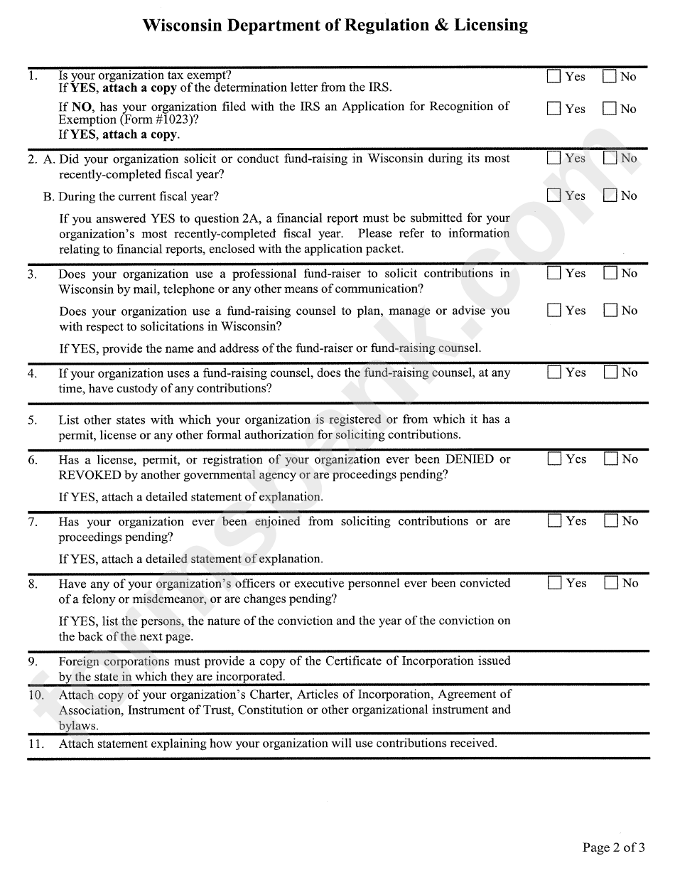 Form #296 - Charitable Organization Registration Statement - Wisconsin Department Of Regulation And Licensing