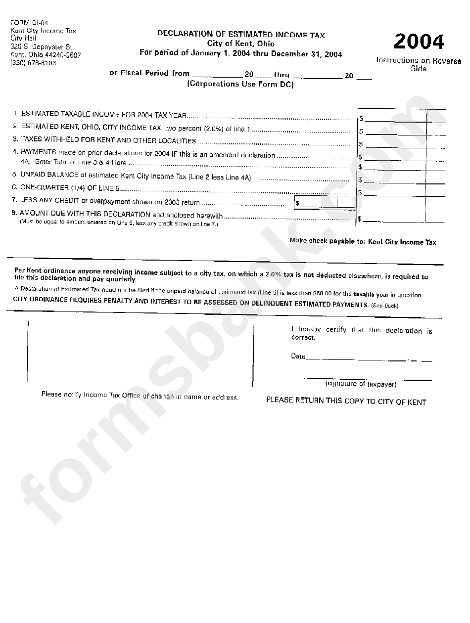 Form Di-04 - Declaration Of Estimated Income Tax - City Of Kent, Ohio - 2004