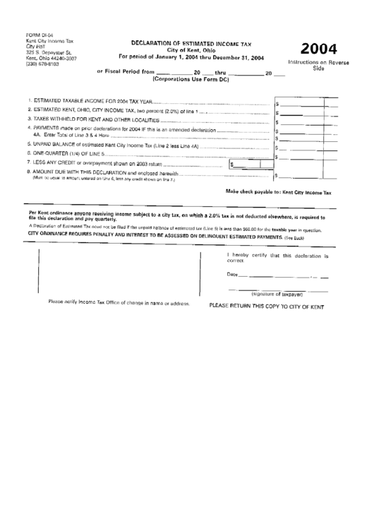 Form Di-04 - Declaration Of Estimated Income Tax - City Of Kent, Ohio - 2004 Printable pdf