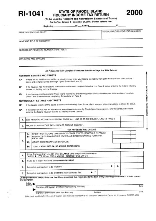 Form Ri1041 State Of Rhode Island Fiduciary Tax Return 2000